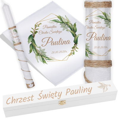 Chrzest Święty: świeca i szatka ze zdjęciem + skrzynka z grawerem